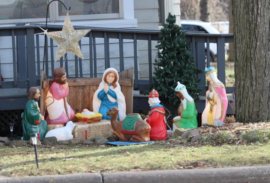 Many Amherst residents decorate their yards with the traditional Mary, Joesph and Jesus. 