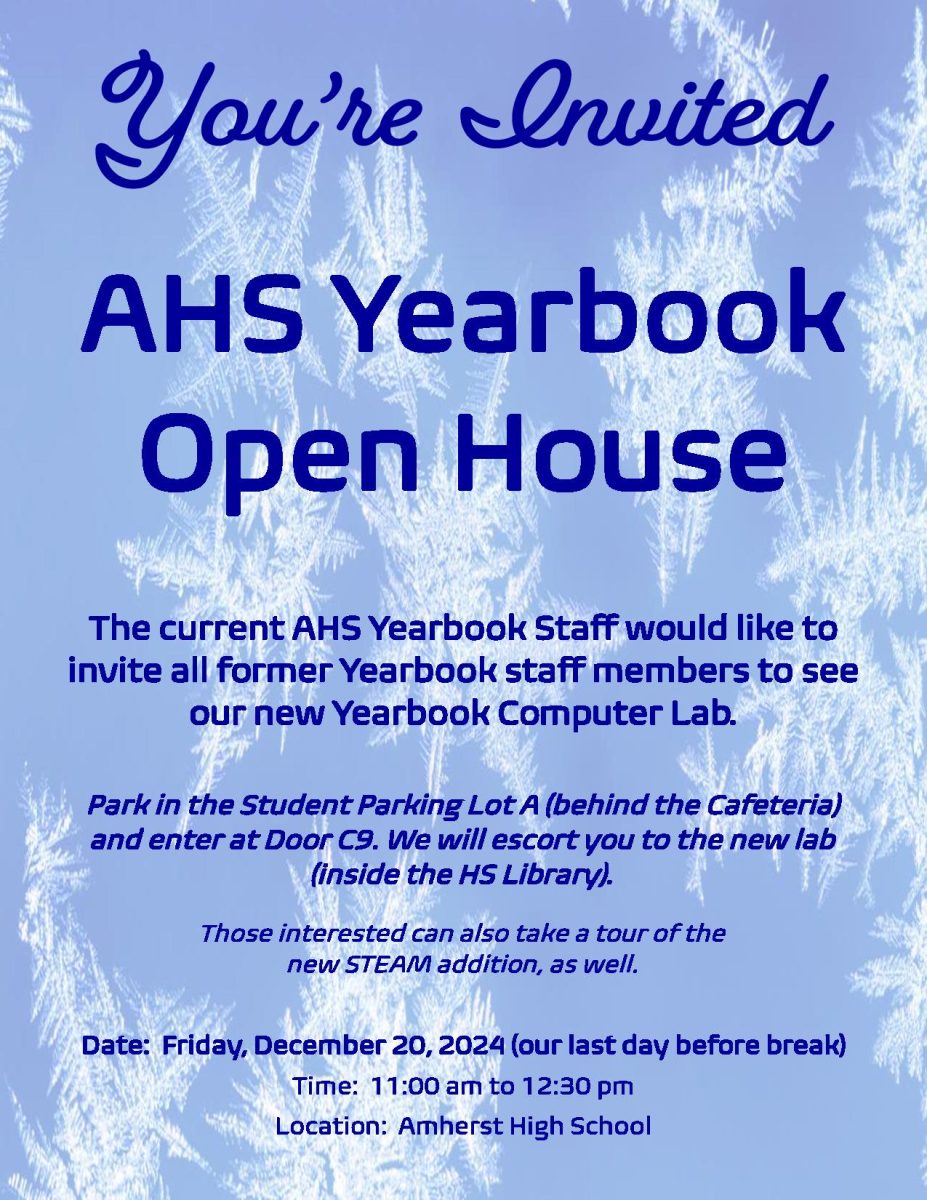 The current Yearbook staff wants to show off their new space to previous Yearbook staff members. We hope you can join us on Friday, December 20 anytime from 11:00 am to 12:30 pm.