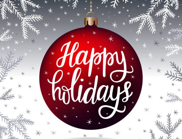 Hand-drawn lettering inscription Happy holidays on the red realistic three dimensional Christmas ball, fir tree branches snowflake silver background. EPS 10 vector illustration